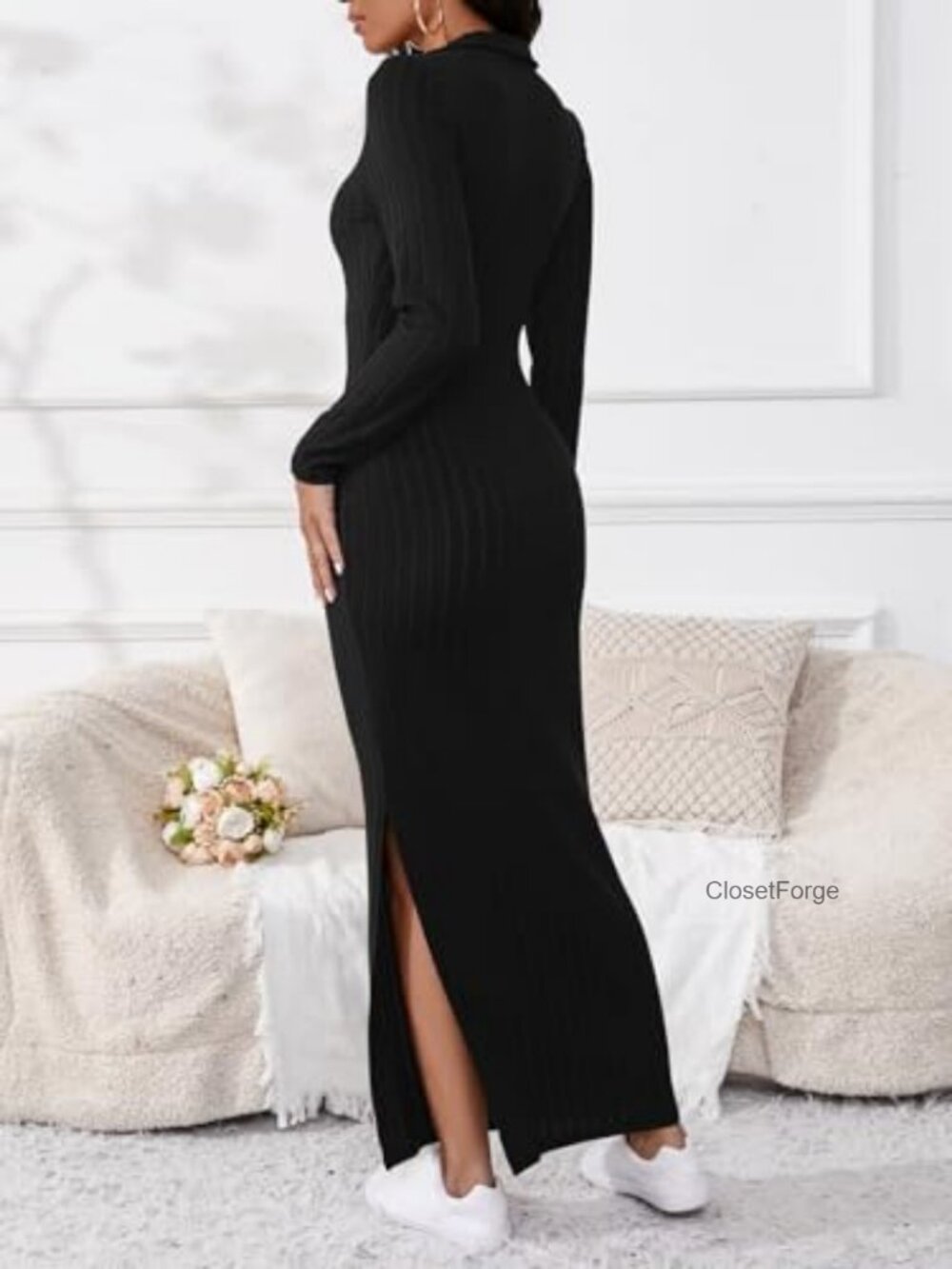 Long Sleeve V Neck Maxi Sweater Dress Sexy Bodycon Ribbed Knit - Picture 3 of 5
